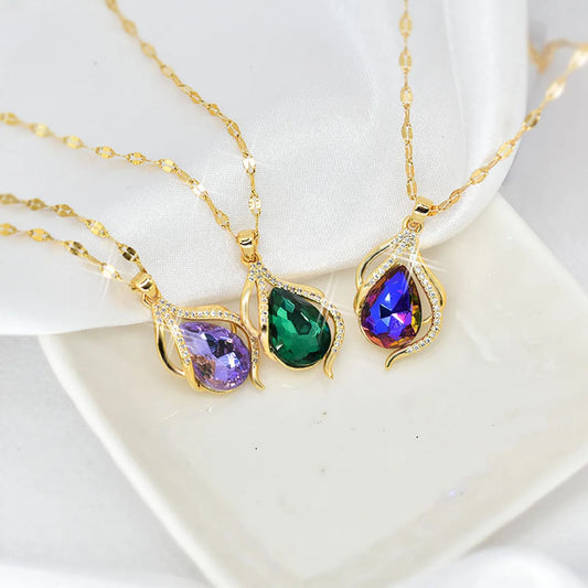 Fairy Style Water Droplets Stainless Steel Inlay Zircon Pendant Necklace