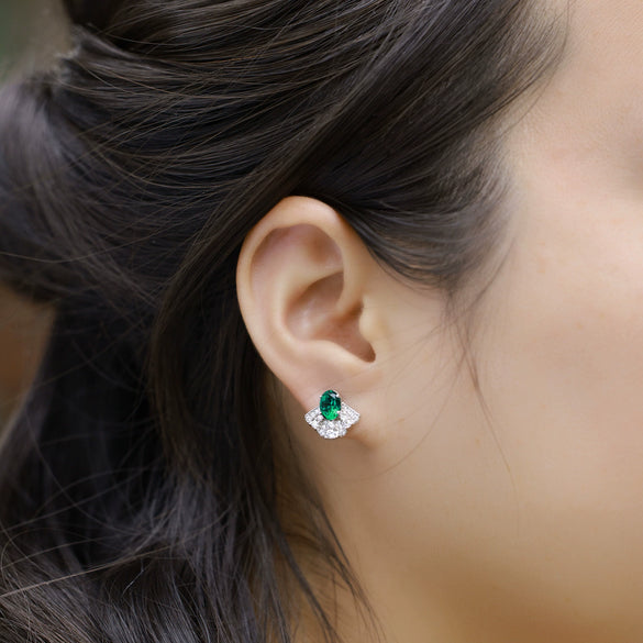 Fanshaped Cultivation Emerald Earrings 925 Silver Retro Geometric Diamond Style