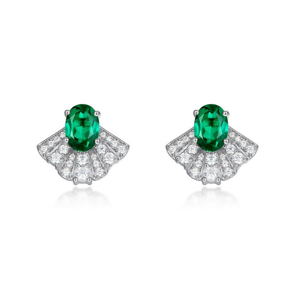 Fanshaped Cultivation Emerald Earrings 925 Silver Retro Geometric Diamond Style