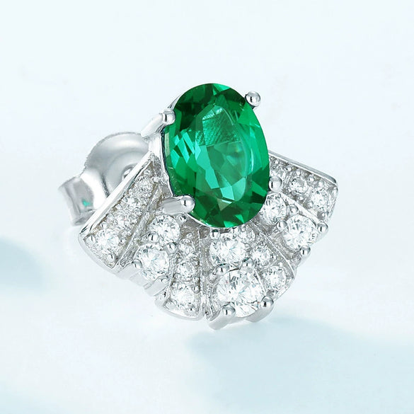Fanshaped Cultivation Emerald Earrings 925 Silver Retro Geometric Diamond Style