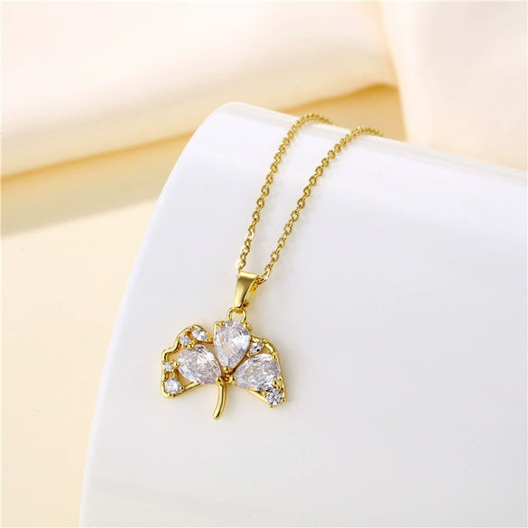 Fanshaped Ginkgo Leaf Stainless Steel Necklace With Mixed Gem Inlay And Electroplating For Women