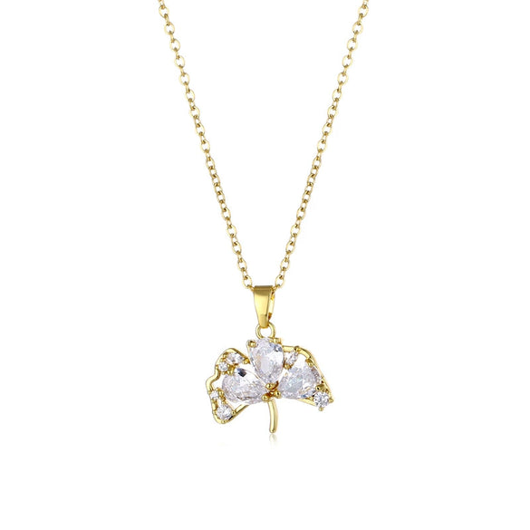 Fanshaped Ginkgo Leaf Stainless Steel Necklace With Mixed Gem Inlay And Electroplating For Women