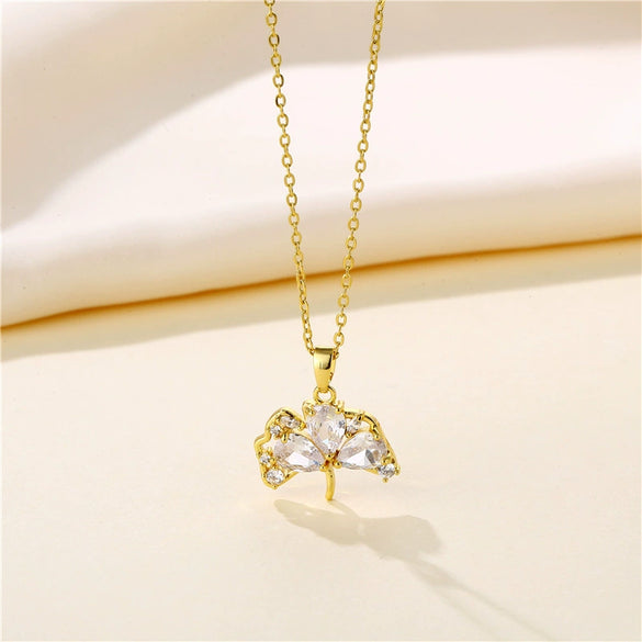 Fanshaped Ginkgo Leaf Stainless Steel Necklace With Mixed Gem Inlay And Electroplating For Women