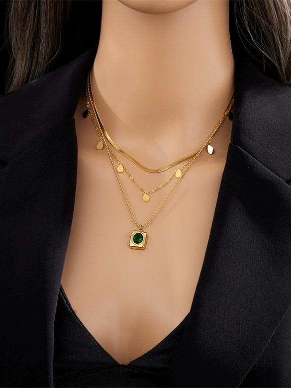 Fashion Accessories Necklace Glossy Drop Shaped Three Layer Stacked Clavicle Chain With Square Titanium Steel Pendant And Geometric Pattern Electroplated