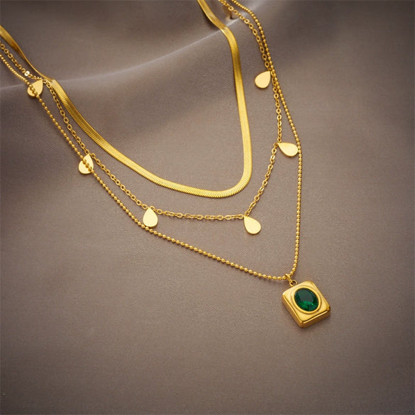 Fashion Accessories Necklace Glossy Drop Shaped Three Layer Stacked Clavicle Chain With Square Titanium Steel Pendant And Geometric Pattern Electroplated