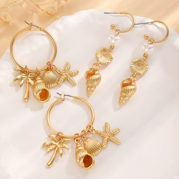 Fashion Accessories Ocean Series Pearl Conch Shell Starfish Earrings For Women Alloy Electroplated