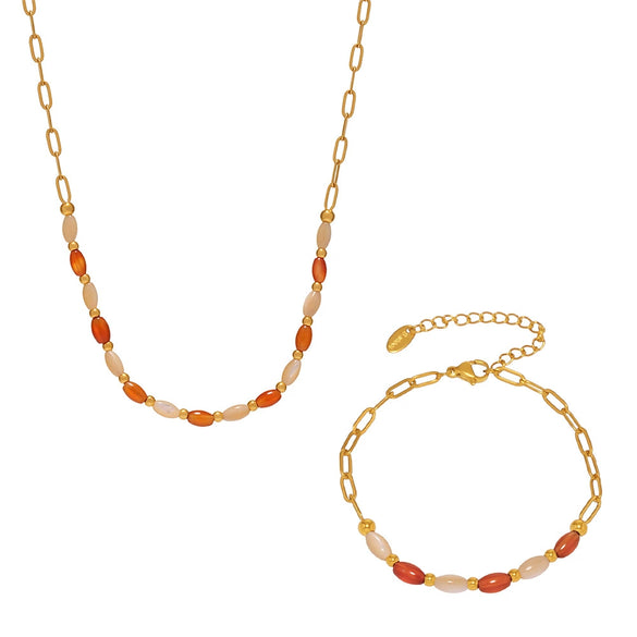 Fashion Agate Shell Oval Clavicle Necklace And Bracelet Set 316L Stainless Steel Electroplated Women's Accessories