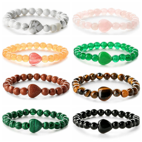 Fashion Agate Tiger Eye White Turquoise Handmade Geometric Heart Shaped Beaded Unisex Bracelet