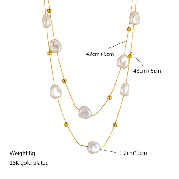 Fashion All Match Personality Retro Baroque Pearl Double Titanium Steel Clavicle Necklace With Geometric Pattern And Electroplating Treatment