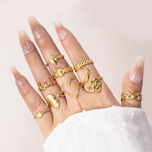 Fashion All Match Titanium Steel Love Snake Shaped Ginkgo Leaf Light Luxury Opening Adjustable Ring With Electroplating