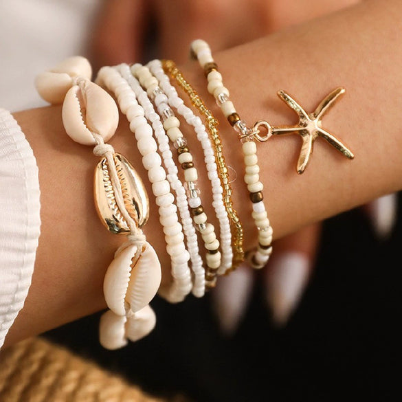 Fashion Allmatch Bohemian Style Rice Bead Shell Starfish Pendant Multilayer Bracelet 7Piece Set Alloy Handmade