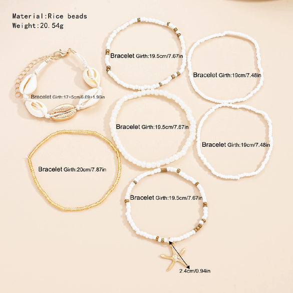 Fashion Allmatch Bohemian Style Rice Bead Shell Starfish Pendant Multilayer Bracelet 7Piece Set Alloy Handmade