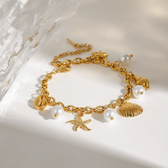 Fashion Allmatch Stainless Steel Starfish Conch Threaded Shell Pendant Bracelet With Rhombus And Star Pattern Electroplated For Women