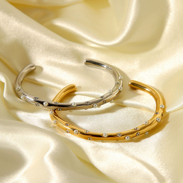 Fashion Allmatch Titanium Steel Bracelet 18K Goldplated With Pearl Zircon Cross Inlaid For Women