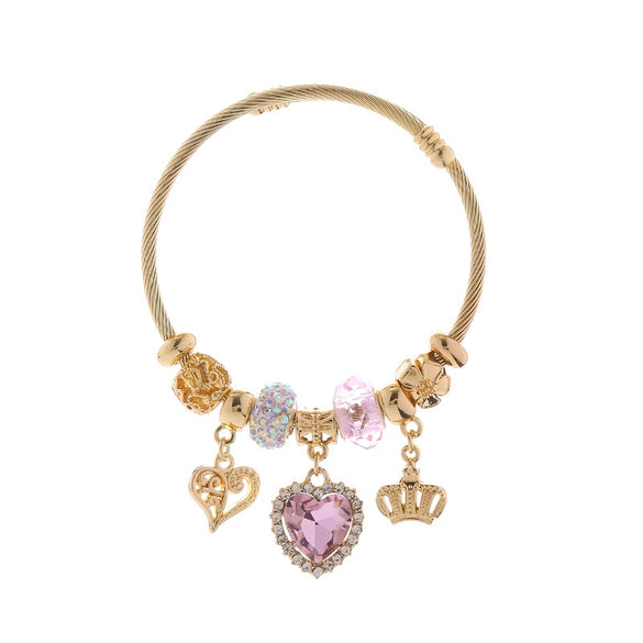 Fashion Alloy Beaded Heart Shape Crown Adjustable Couple Bracelet With Diamond Design