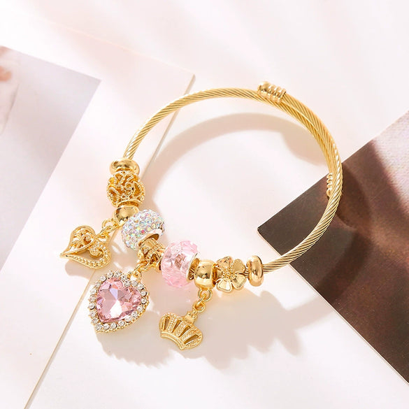 Fashion Alloy Beaded Heart Shape Crown Adjustable Couple Bracelet With Diamond Design