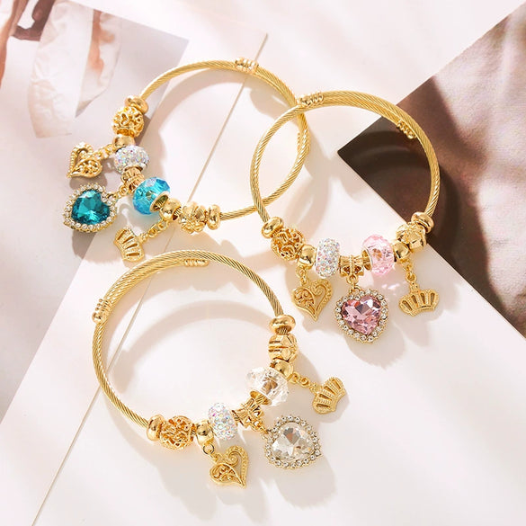 Fashion Alloy Beaded Heart Shape Crown Adjustable Couple Bracelet With Diamond Design