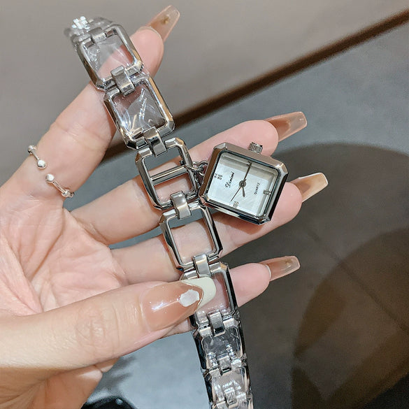 Fashion Alloy Square Hollow Bracelet Quartz Watch With Rhinestones And Retro Temperament For Female