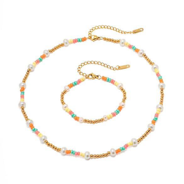 Fashion Antiallergy Crystal Beads Colorful Pearl Geometric Style Stainless Steel And Titanium Steel Bead Chain Bracelet And Necklace With Electroplating