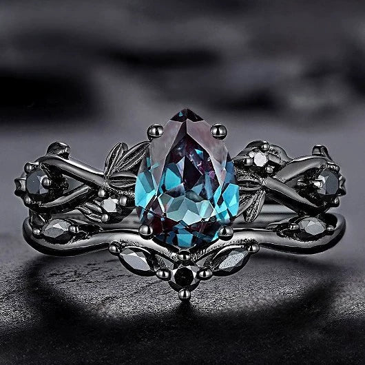 Fashion Antiring Gun Black Inlaid Sea Blue Diamond Alloy Geometric Engagement Ring For Women With Electroplating And Ins Style