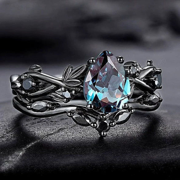 Fashion Antiring Gun Black Inlaid Sea Blue Diamond Alloy Geometric Engagement Ring For Women With Electroplating And Ins Style