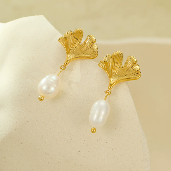 Fashion Apricot Leaf Freshwater Pearl Earrings And Necklace Set For Women Stainless Steel 18K Gold Plated