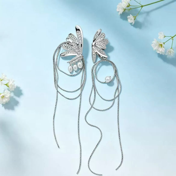 Fashion Asymmetrical Butterfly Pearl Tassel Earrings For Women Electroplated Alloy Animal Design