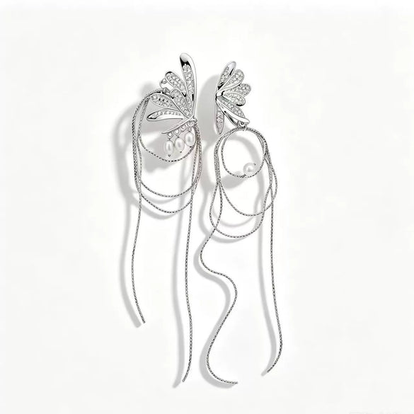 Fashion Asymmetrical Butterfly Pearl Tassel Earrings For Women Electroplated Alloy Animal Design