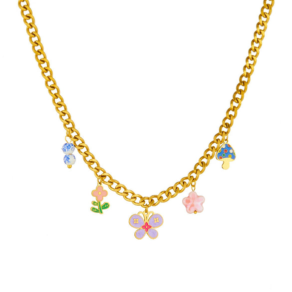 Fashion Blue And White Porcelain Butterfly Flower Drop Glue Stainless Steel Titanium Steel Necklace With Electroplating