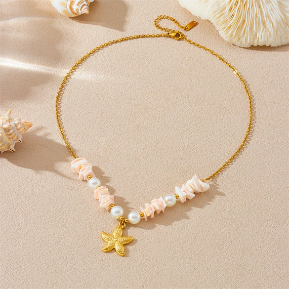 Fashion Bohemian Irregular Shell Stainless Steel Starfish Star Pendant Necklace With Electroplating