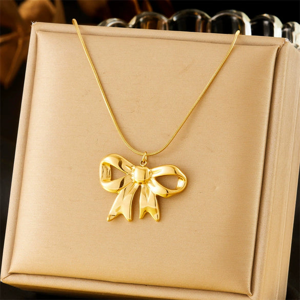 Fashion Bow Clavicle Chain Necklace Stainless Steel Gold Plated Snake Bone Chain