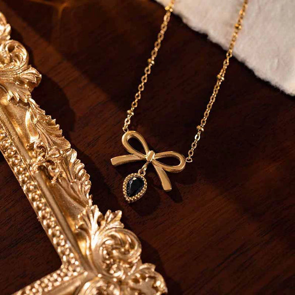 Fashion Bow Titanium Steel And Copper Necklace With Electroplating Love Zircon For Women