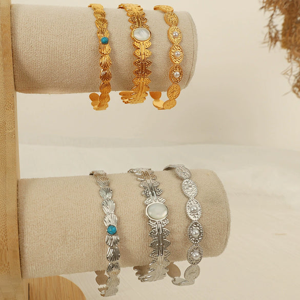 Fashion Bracelet 316L Stainless Steel Cshaped Leaf White Bead Design Electroplated