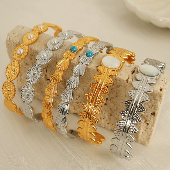 Fashion Bracelet 316L Stainless Steel Cshaped Leaf White Bead Design Electroplated