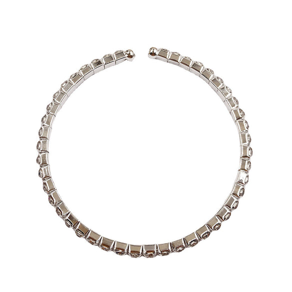 Fashion Bridal Metal Geometric Diamond Accent Elastic Open Bracelet With Single Row Claw Chain And Layered Steel Ring Design