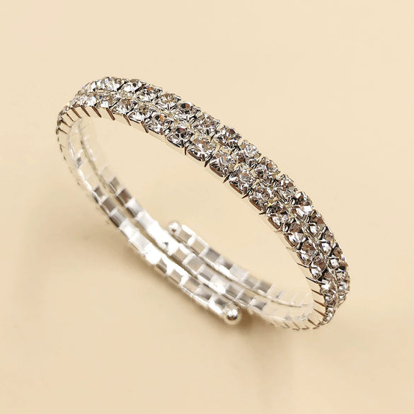 Fashion Bridal Metal Geometric Diamond Accent Elastic Open Bracelet With Single Row Claw Chain And Layered Steel Ring Design