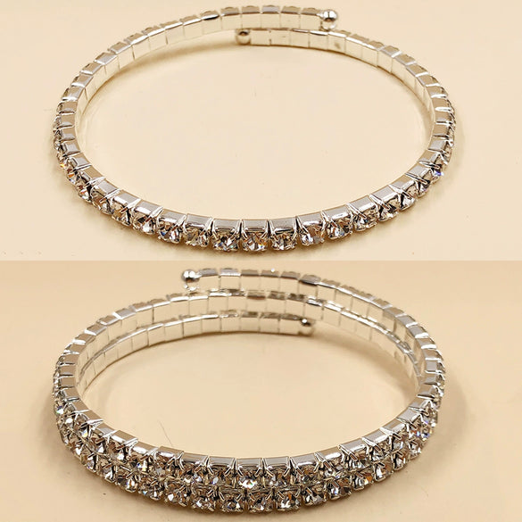 Fashion Bridal Metal Geometric Diamond Accent Elastic Open Bracelet With Single Row Claw Chain And Layered Steel Ring Design