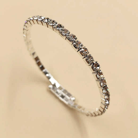 Fashion Bridal Metal Geometric Diamond Accent Elastic Open Bracelet With Single Row Claw Chain And Layered Steel Ring Design
