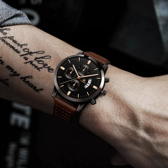 Fashion Calendar Belt Quartz Watch And Bracelet Set Alloy Round Dial Business Style