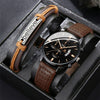 Fashion Calendar Belt Quartz Watch And Bracelet Set Alloy Round Dial Business Style