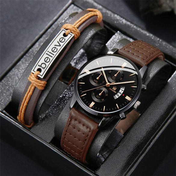 Fashion Calendar Belt Quartz Watch And Bracelet Set Alloy Round Dial Business Style