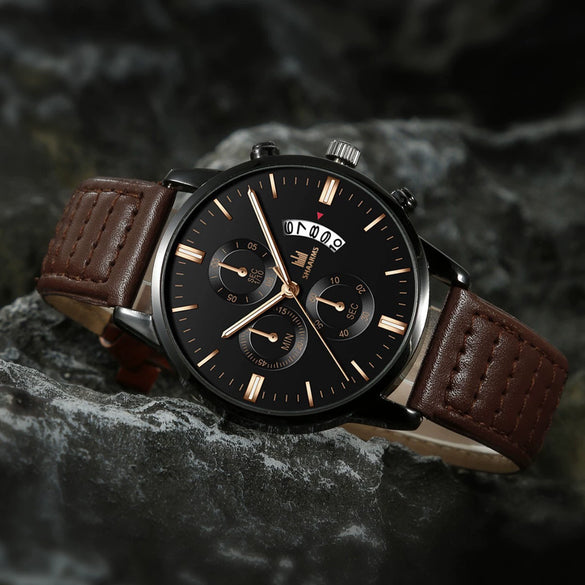 Fashion Calendar Belt Quartz Watch And Bracelet Set Alloy Round Dial Business Style