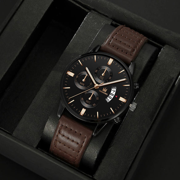 Fashion Calendar Belt Quartz Watch And Bracelet Set Alloy Round Dial Business Style