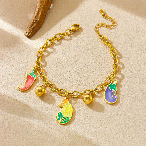 Fashion Cartoon Oil Dripping Simulation Vegetable Pendant Stainless Steel Chain Bracelet For Women Electroplated