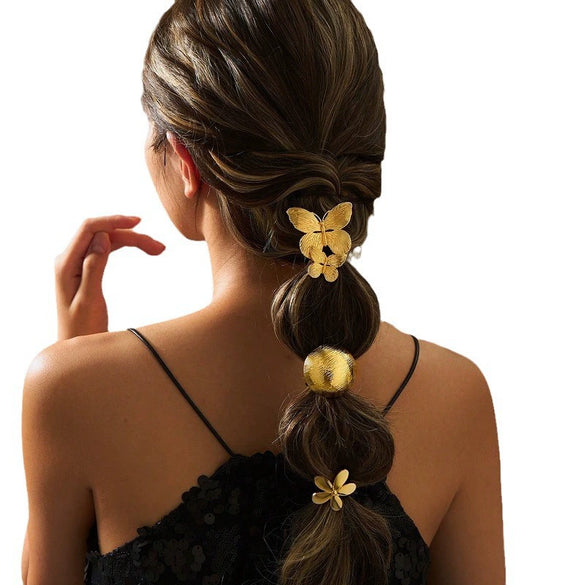 Fashion Casual Allmatch Golden Butterfly Flower Metal High Elastic Hair Rope With Electroplating Niche Design Sense