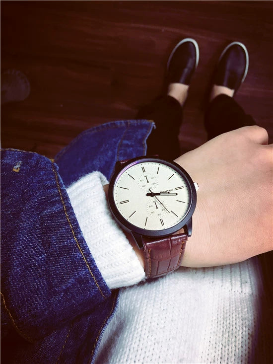 Fashion Casual Quartz Watch For Couple Metal Case Imitation Leather Strap Round Dial
