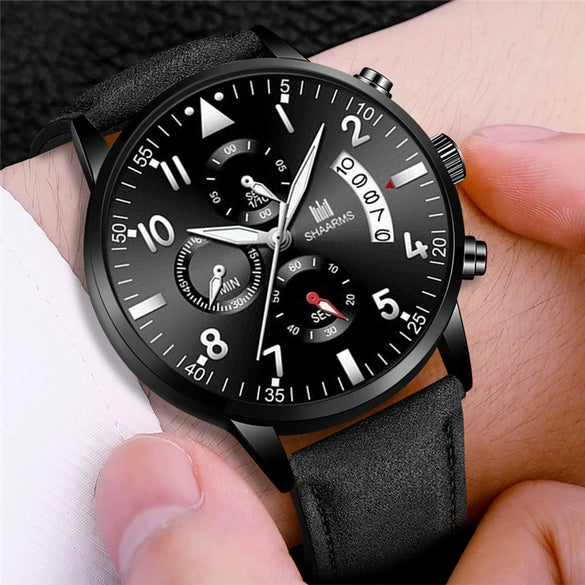 Fashion Casual Wings Bracelet Set And Men's Quartz Watch Alloy Case Imitation Leather Strap Stainless Steel Clasp Round Dial