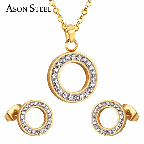 Wholesale Fashion Circle Stainless Steel Plating Zircon Earrings Necklace