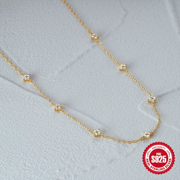 Fashion Classic Fourleaf Clover 925 Sterling Silver Elegant Allmatch Flower Zircon Stacked Wear Women's Collarbone Necklace With Electroplating