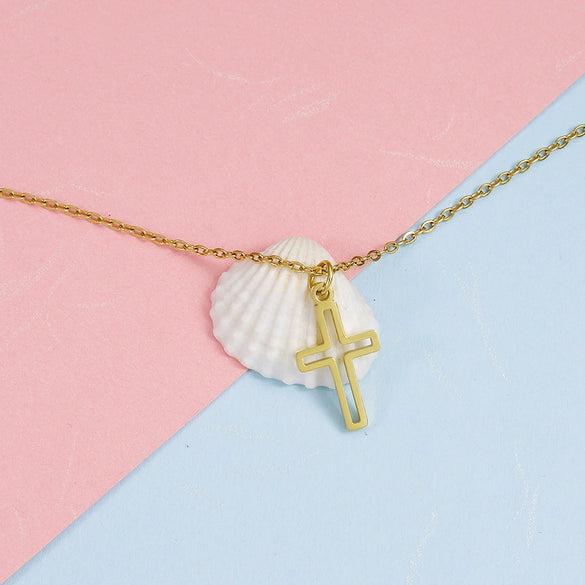 Fashion Clavicle Chain Stainless Steel Hollow Cross Pendant Geometric Design Fine Polished